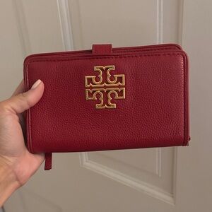 Tory Burch Cherry Red Wallet with Gold Emblem